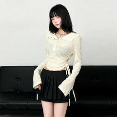 Hoodie long sleeve button drawstring ruched top