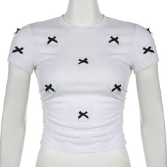 Short sleeve bowknot beaded ruched top