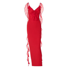Flower applique ruffle ruched backless cami maxi dress  | red tango dress
