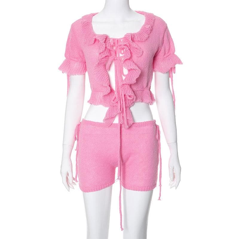 Short sleeve ruffle knitted drawstring ruched pant set