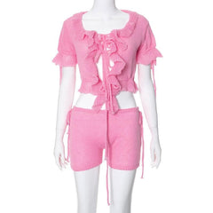Short sleeve ruffle knitted drawstring ruched pant set
