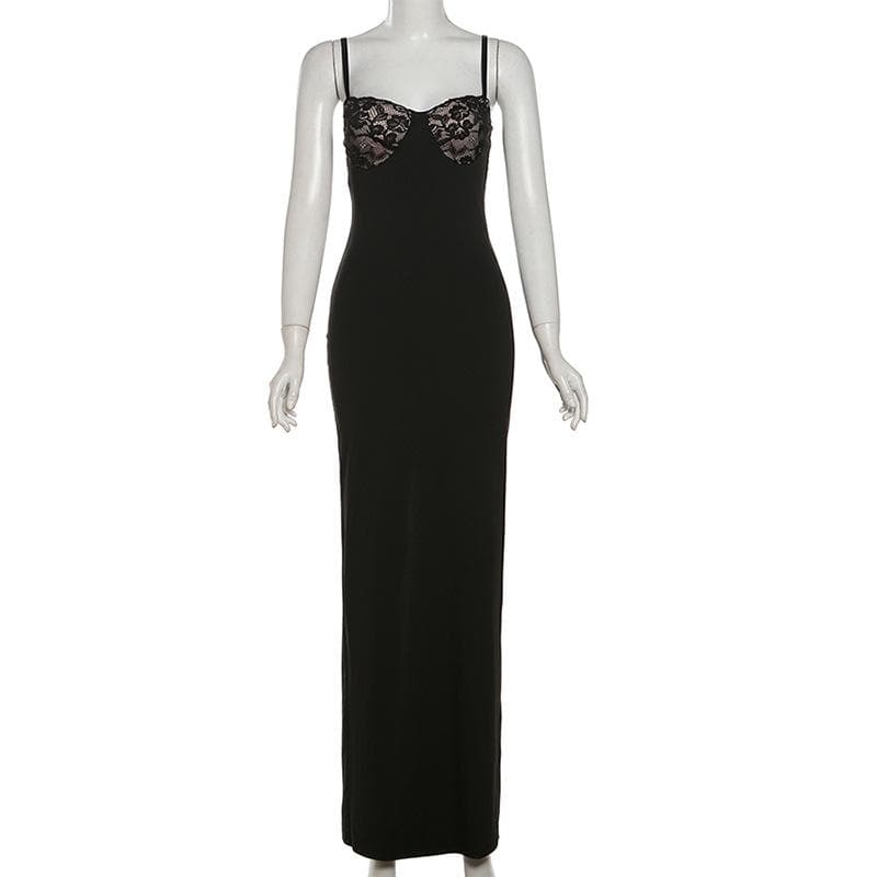 Sweetheart neck lace slit patchwork cami maxi dress