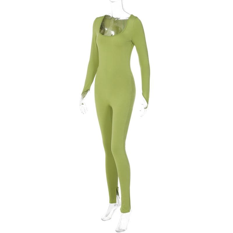 Long sleeve solid u neck slit jumpsuit