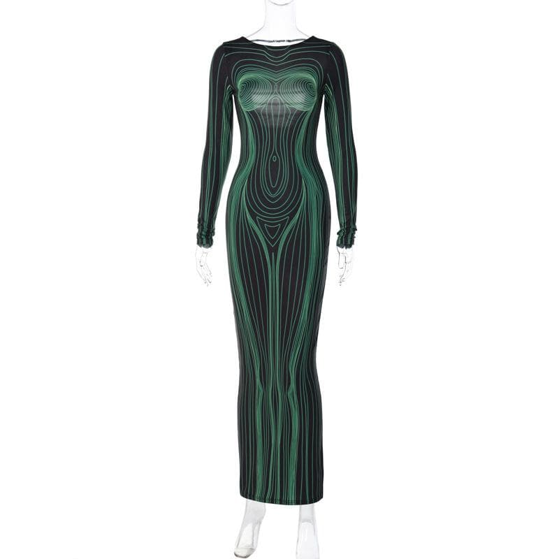 Long sleeve round neck contrast abstract print maxi dress