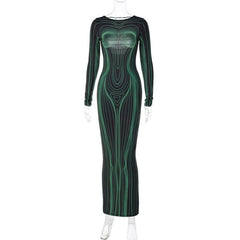 Long sleeve round neck contrast abstract print maxi dress