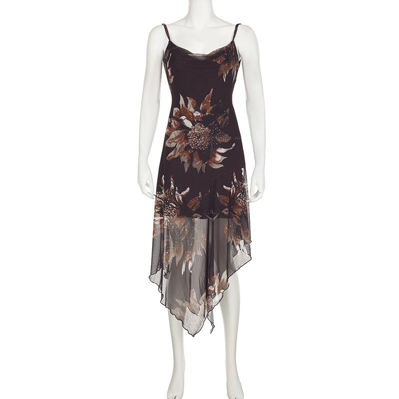 Cowl neck flower print irregular mesh midi dress