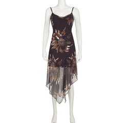 Cowl neck flower print irregular mesh midi dress