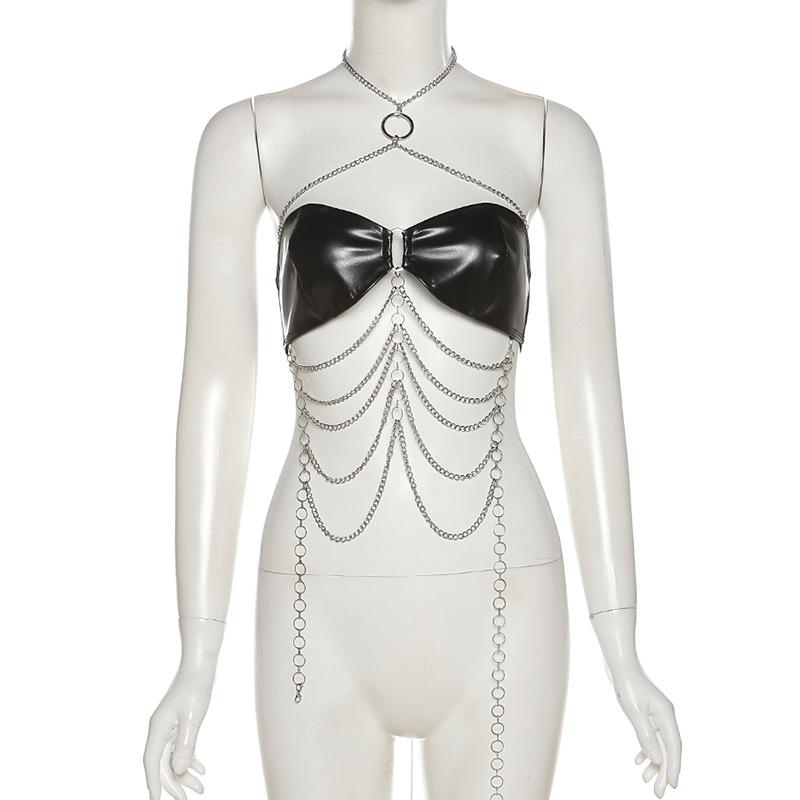 Halter PU leather o ring buckle metal chain top