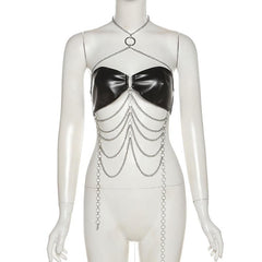 Halter PU leather o ring buckle metal chain top
