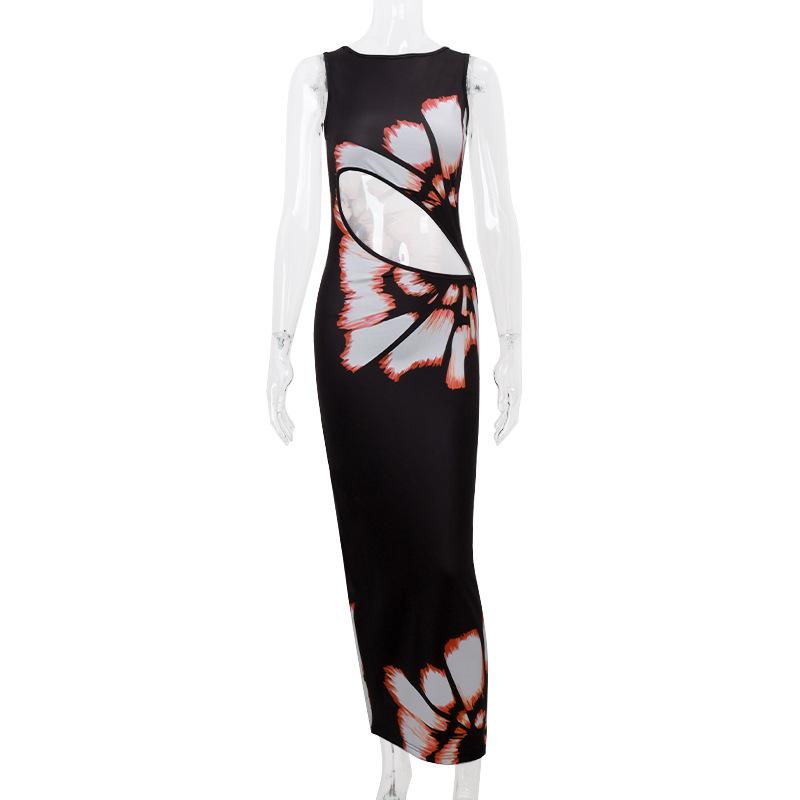 Crewneck hollow out print tank maxi dress