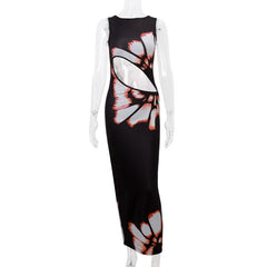 Crewneck hollow out print tank maxi dress