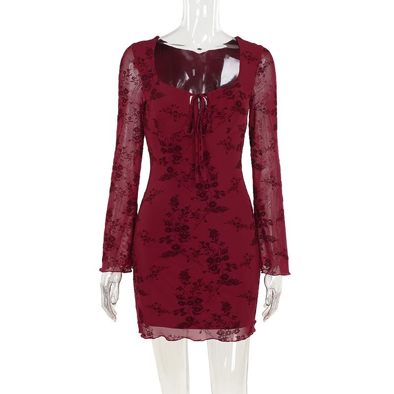Long sleeve flower pattern mesh self tie mini dress  | red tango dress