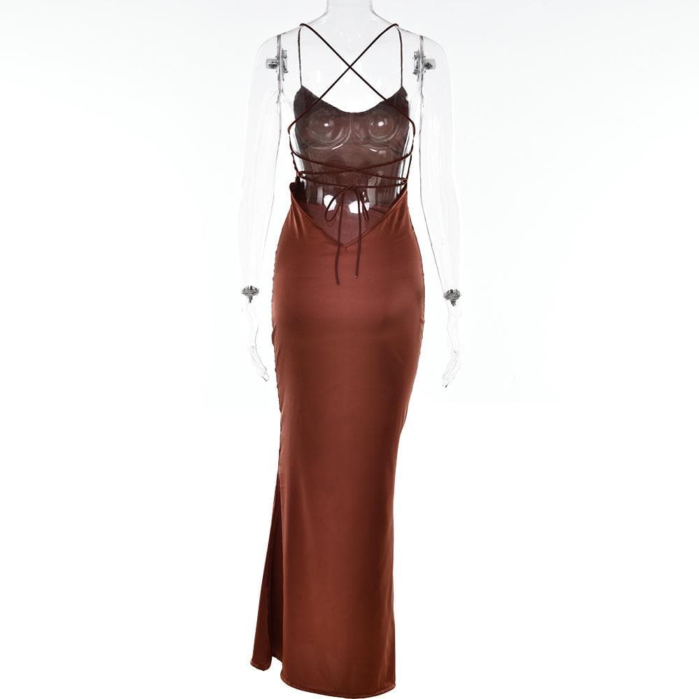 Satin solid lace up cross back v neck low cut maxi dress  | black rave dress  | black rave dress