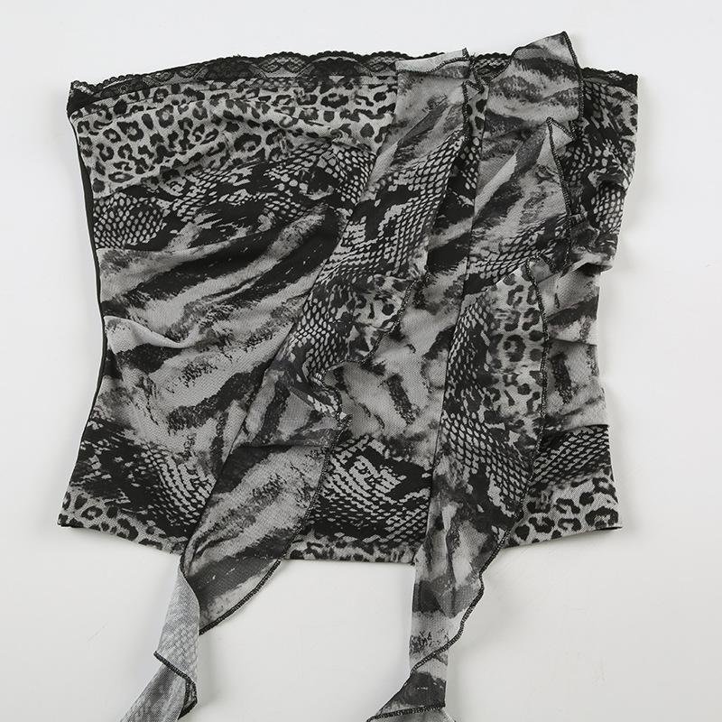 Leopard print ruffle lace hem tube top