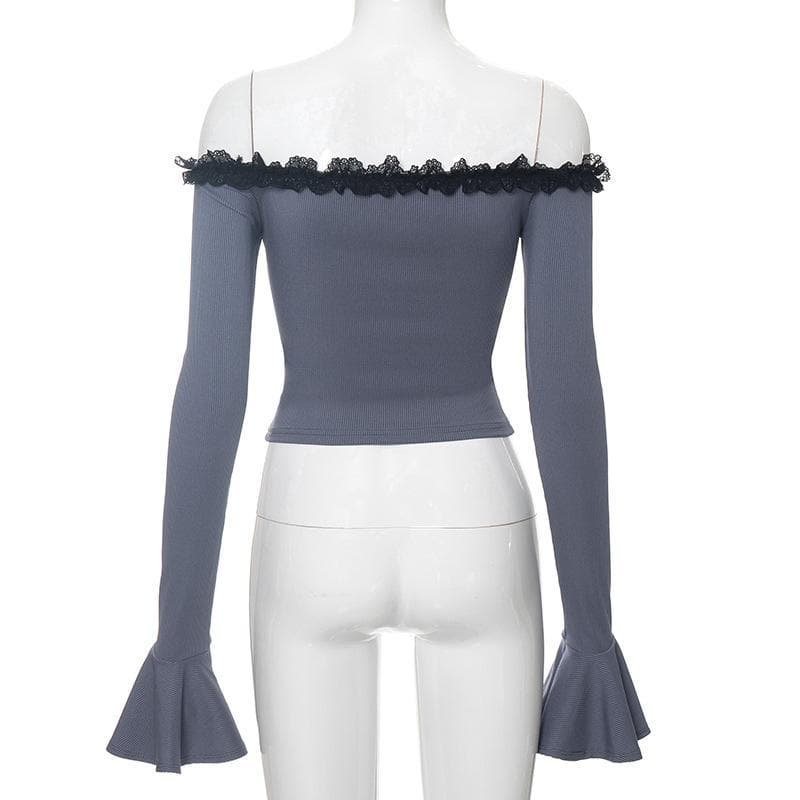 Long flared sleeve off shoulder bowknot lace hem top
