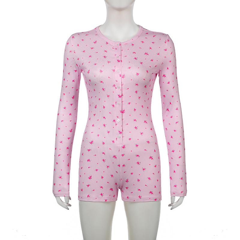 Long sleeve crewneck button flower print romper