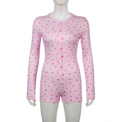 Long sleeve crewneck button flower print romper