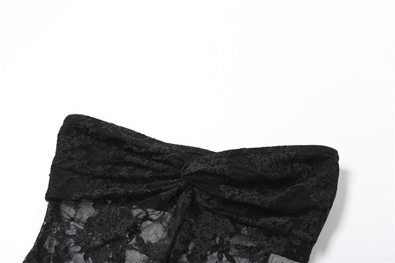 Lace ruched slit ruffle solid tube top