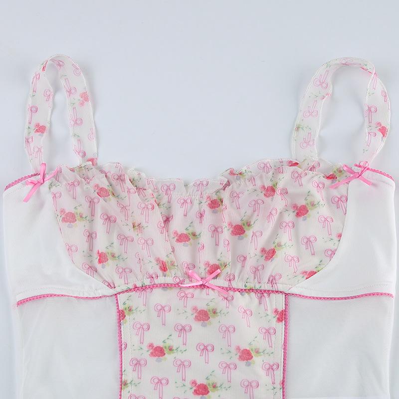 Ruffle stitch patchwork bowknot print cami top