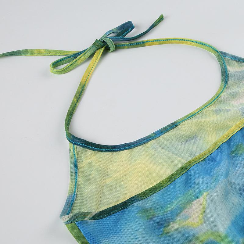 Halter sheer mesh tie dye backless top
