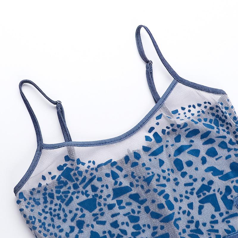 U neck denim mesh patchwork print cami mini dress