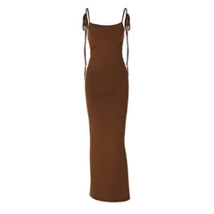 Self tie backless ruched square neck solid maxi dress