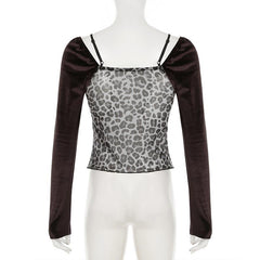 Long sleeve bowknot velvet patchwork leopard print top