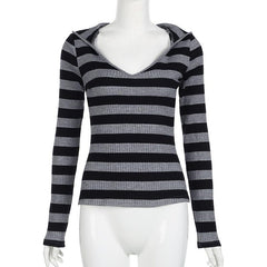 Hoodie v neck long sleeve striped knitted top