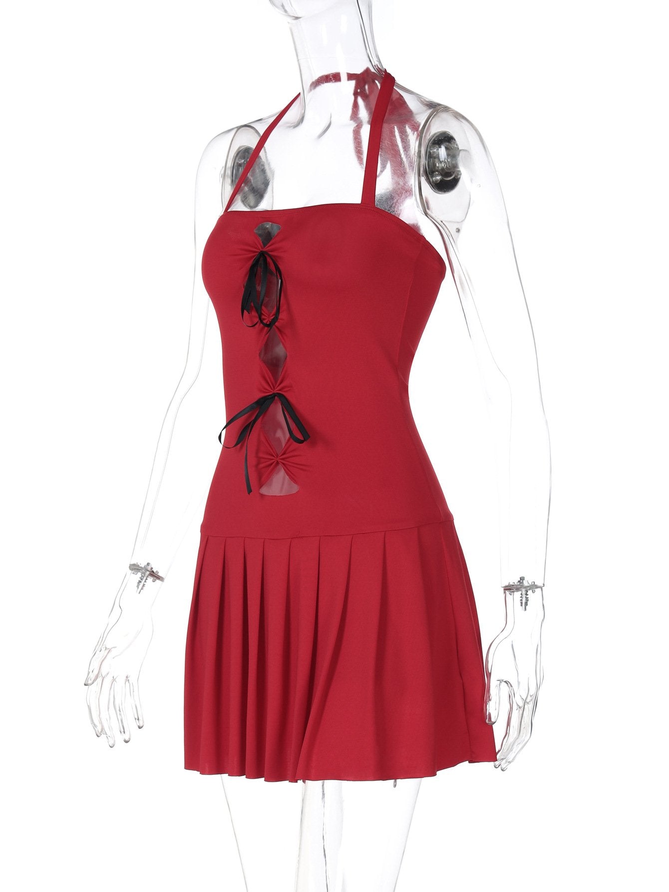 Halter bowknot ruched hollow out mini dress