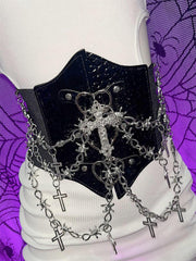 PU leather metal chain cross applique waist chain