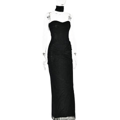 Sweetheart neck glitter ruched 2 piece tube maxi dress