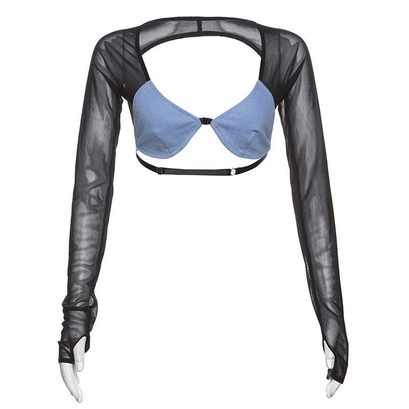 Mesh patchwork contrast long sleeve gloves low cut backless crop top