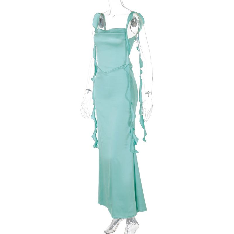 Cowl neck ruffle satin solid backless cami maxi dress