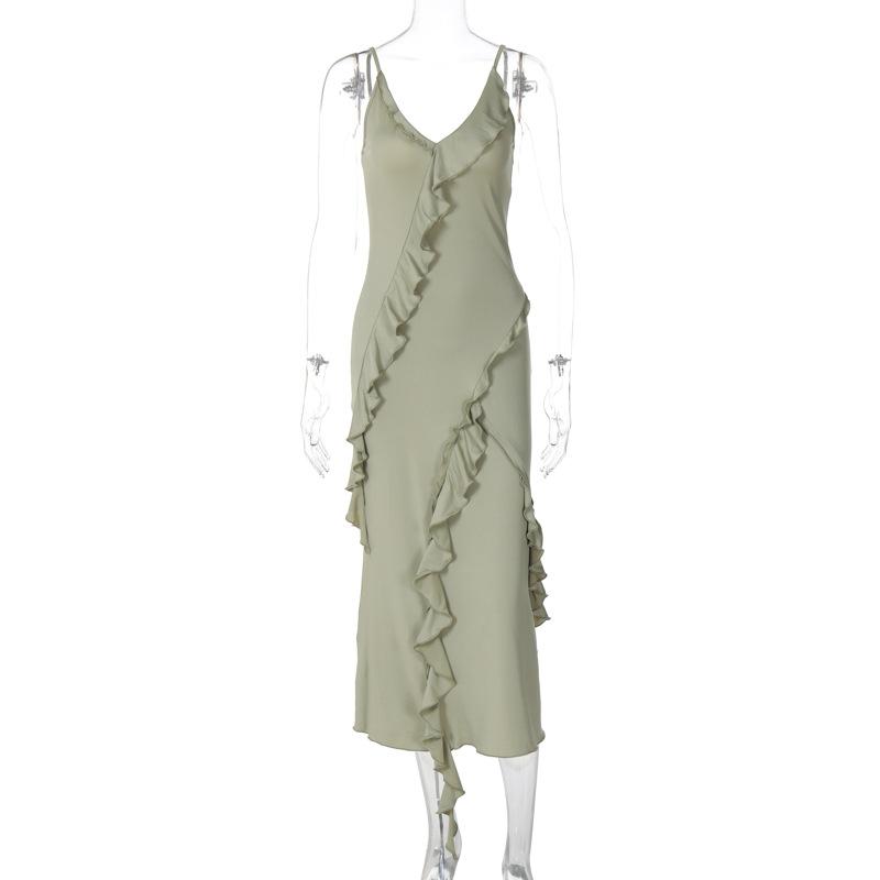 V neck ruffle backless irregular cami midi dress