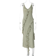 V neck ruffle backless irregular cami midi dress