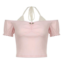 Short puff sleeve off shoulder halter ribbed top