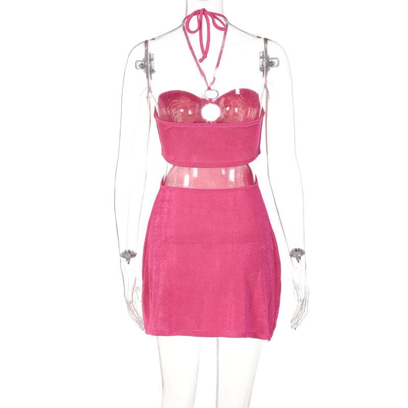 Hollow out solid o ring halter self tie backless mini dress  | red tango dress