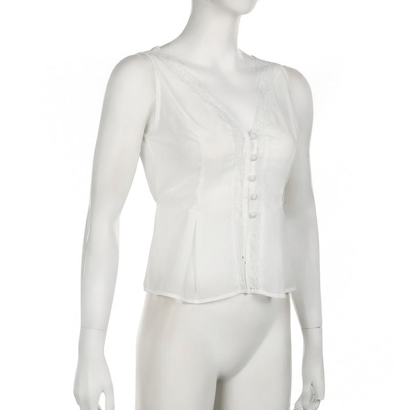 V neck button lace hem solid tank top