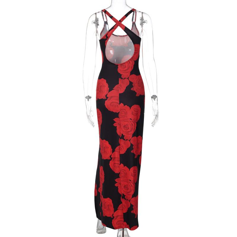 Rose print u neck slit cross back cami maxi dress  | red tango dress