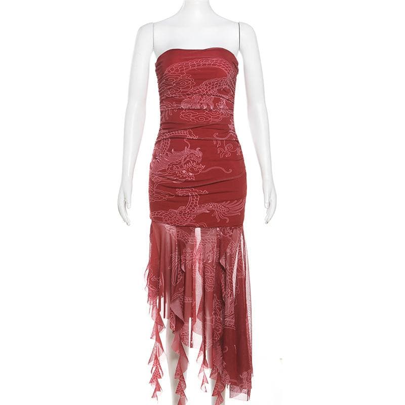Ruched mesh loong print ruffle tube midi dress  | red tango dress
