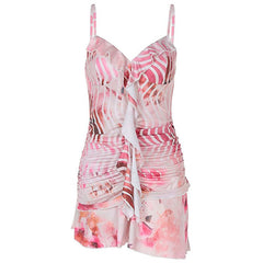 V neck ruffle ruched print backless cami mini dress