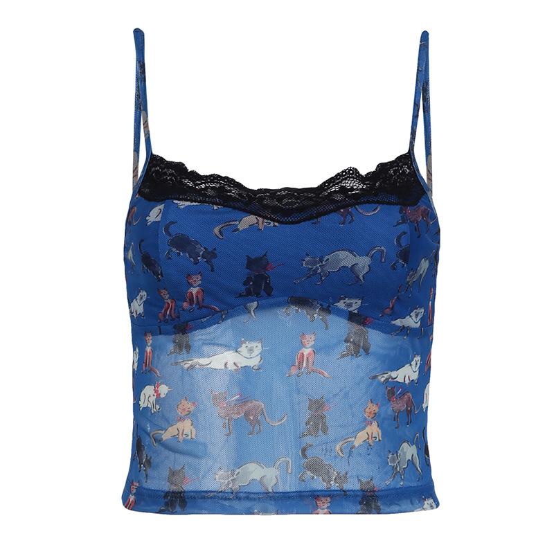 Lace hem print backless cami top