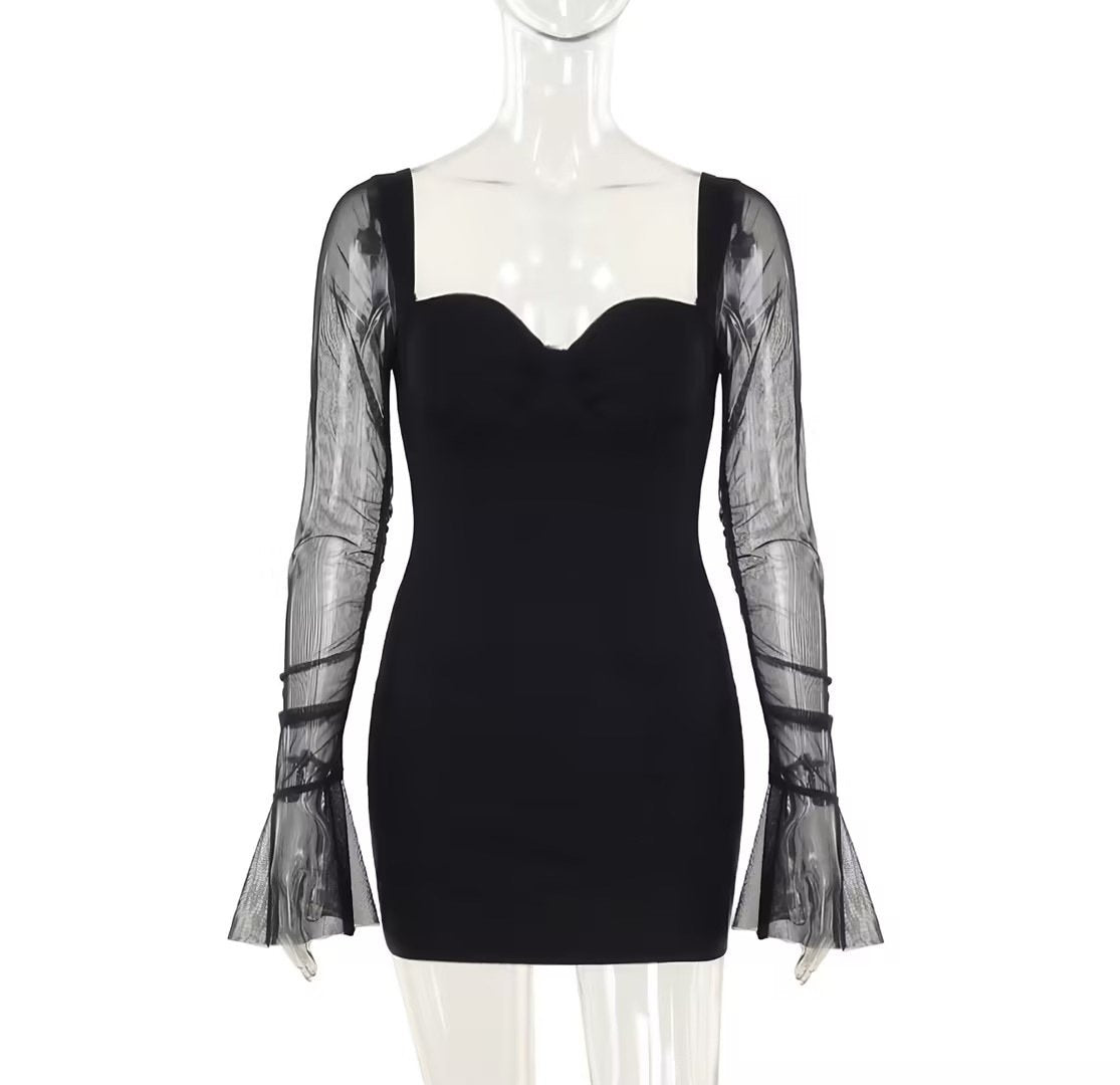Sweetheart neck long sleeve mesh mini dress