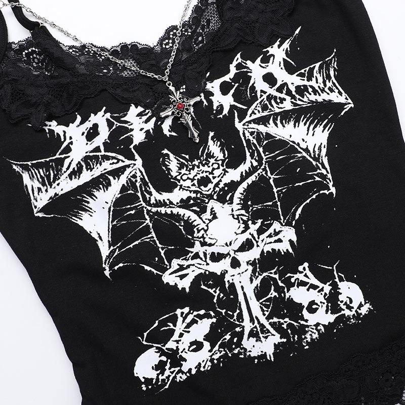 V neck abstract bat print lace hem cami top