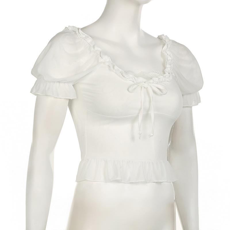 Short puff sleeve ruffle ruched knotted crop top