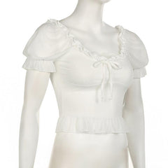 Short puff sleeve ruffle ruched knotted crop top