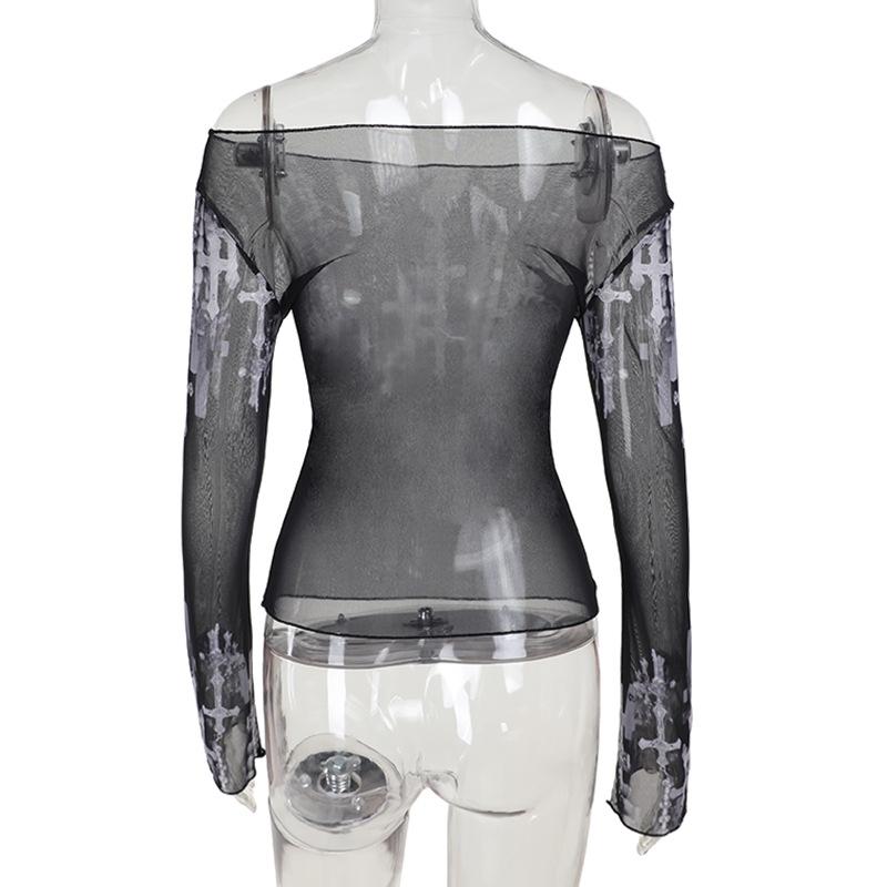 Long sleeve cross print off shoulder sheer mesh top