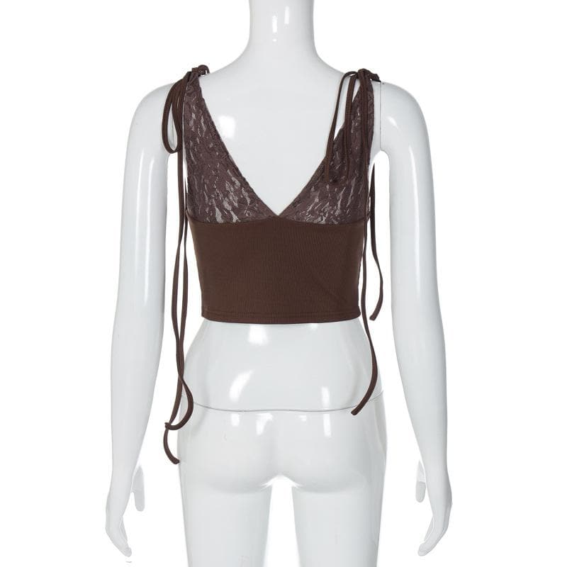V neck see through lace ribbed patchwork ruched backless top
