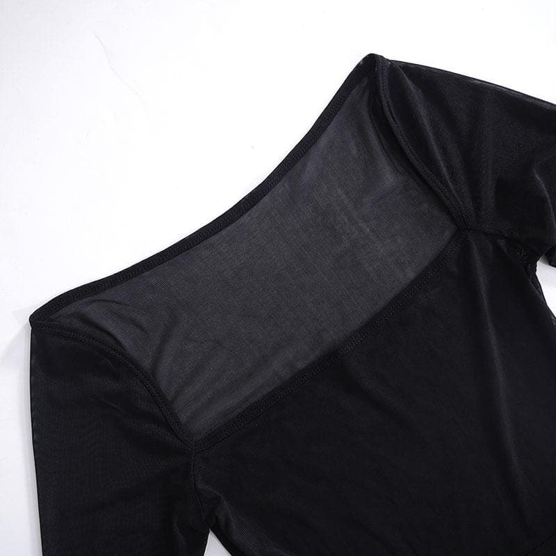 Sheer mesh see through square neck slit long sleeve mini dress  | samba dress