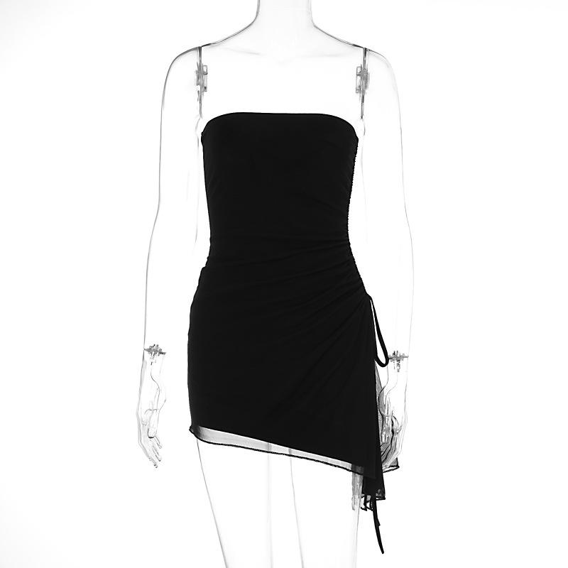 Drawstring ruched mesh irregular tube mini dress  | red tango dress